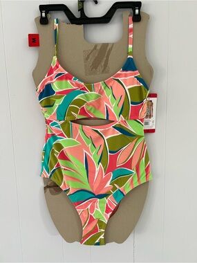 Hurley Tropical Cutout One-Piece Swimsuit - Coral, Green, Blue